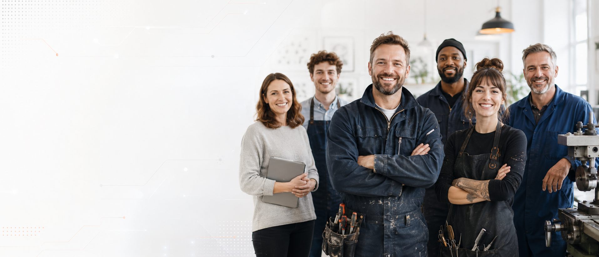 Local trades, salon and workshop business owners standing together in a bright workspace