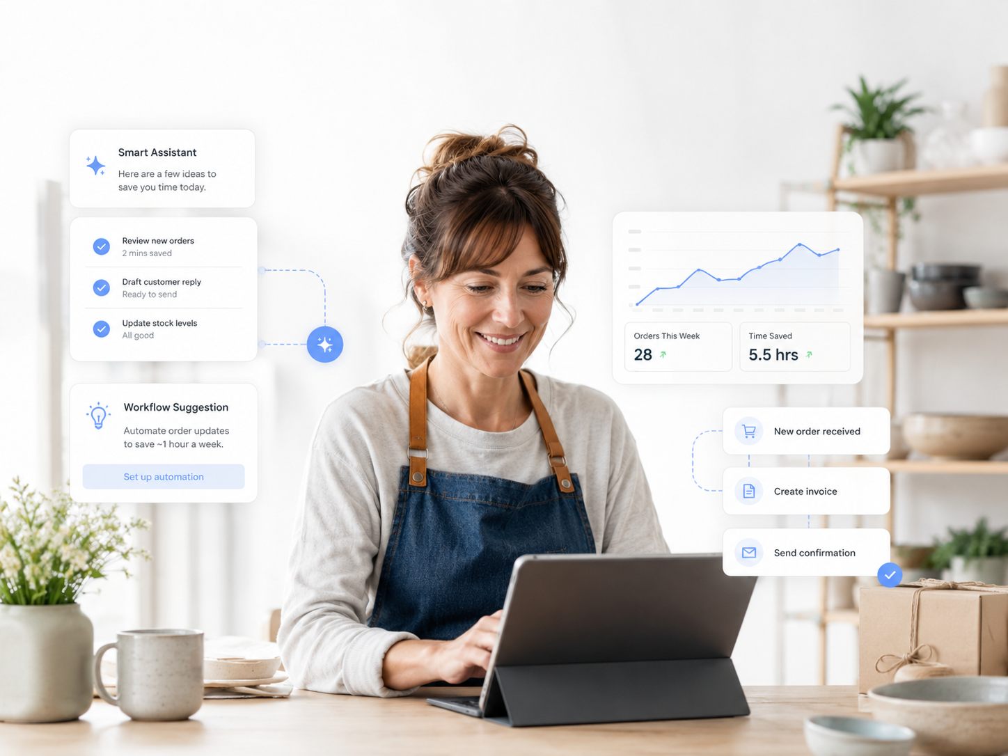 Small business owner using a tablet with practical assistant and workflow suggestions