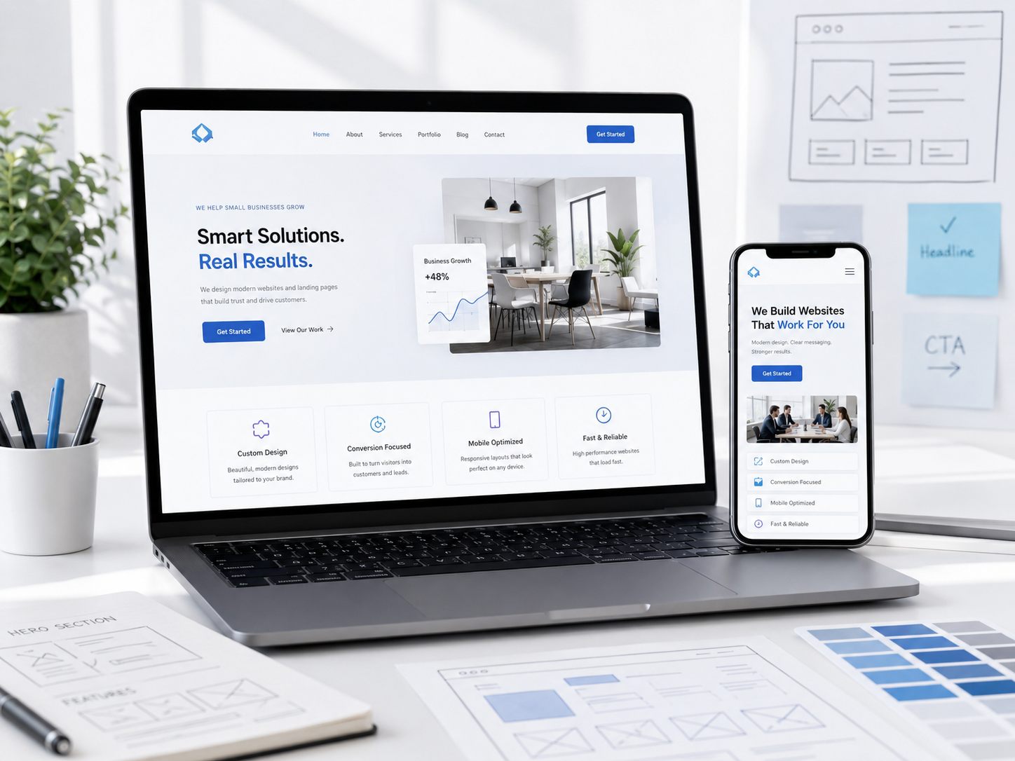 Laptop and phone showing clean small business website and landing page designs