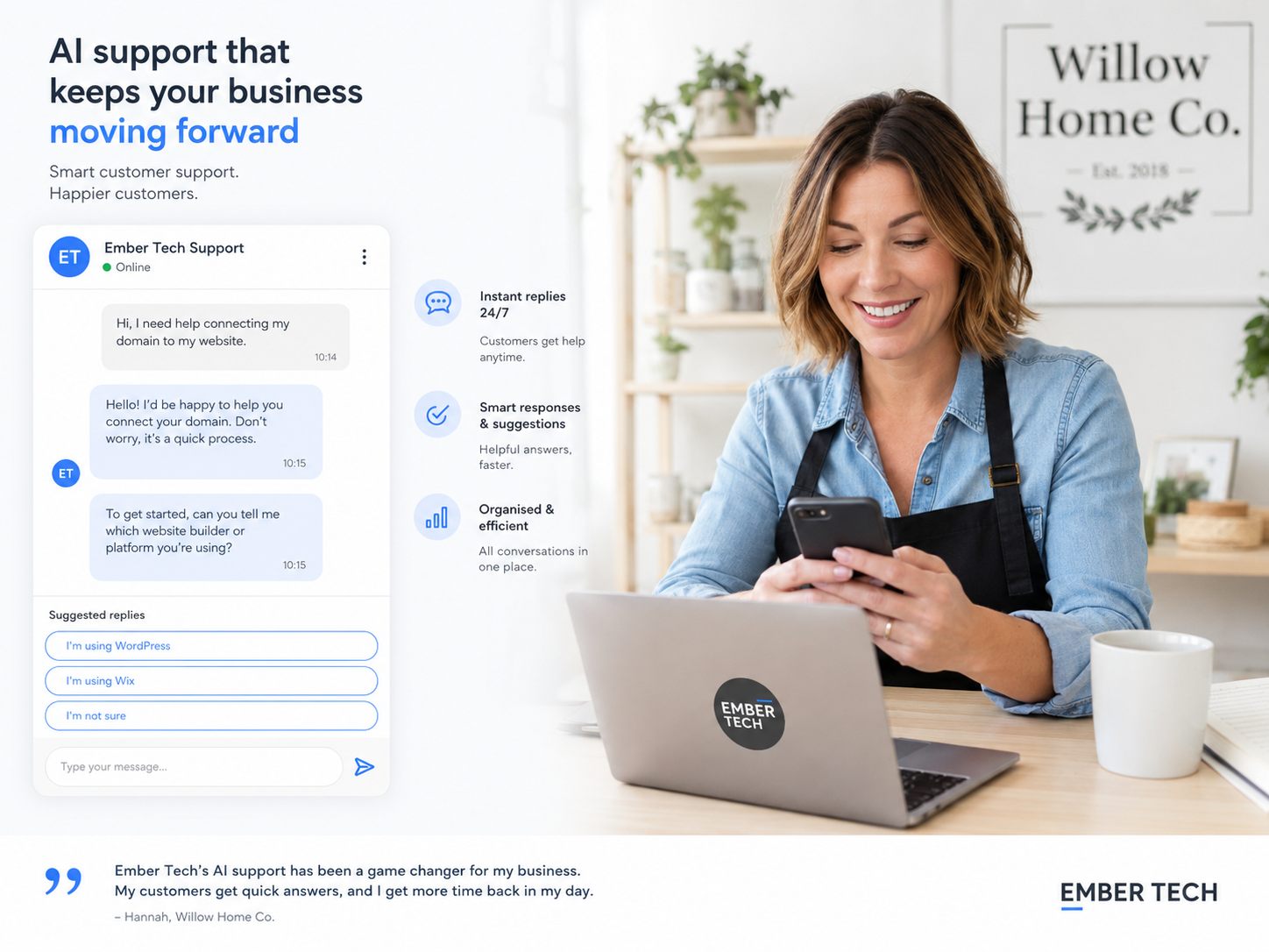 Business owner using a customer support message interface on a bright desktop setup