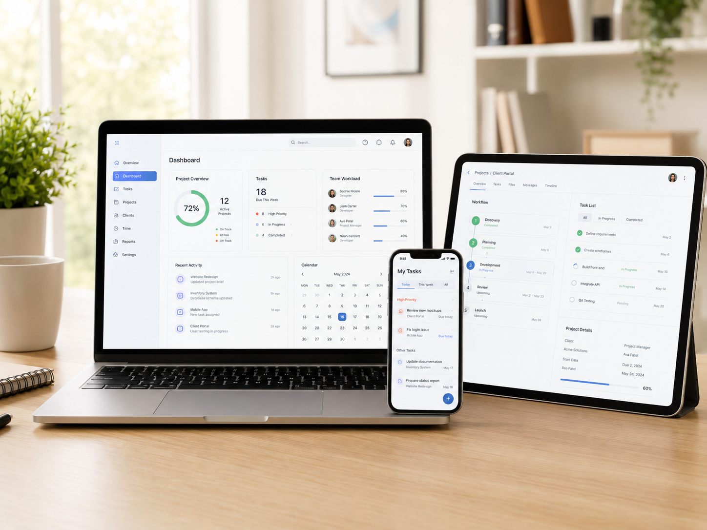 Custom app screens shown across laptop, tablet and phone for business workflow tools