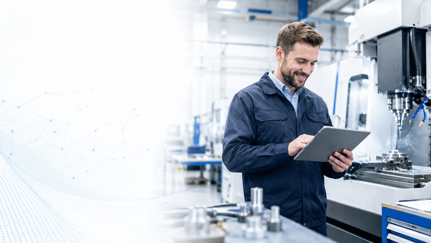 Engineering workshop manager reviewing process information on a tablet