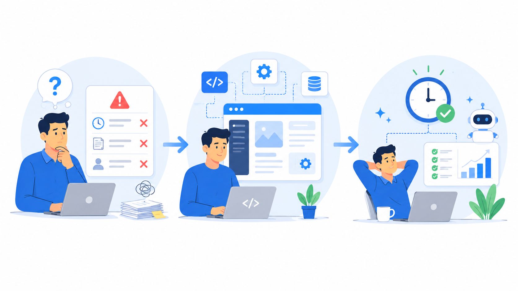 Illustration showing a simple process from problem to working solution and time saved