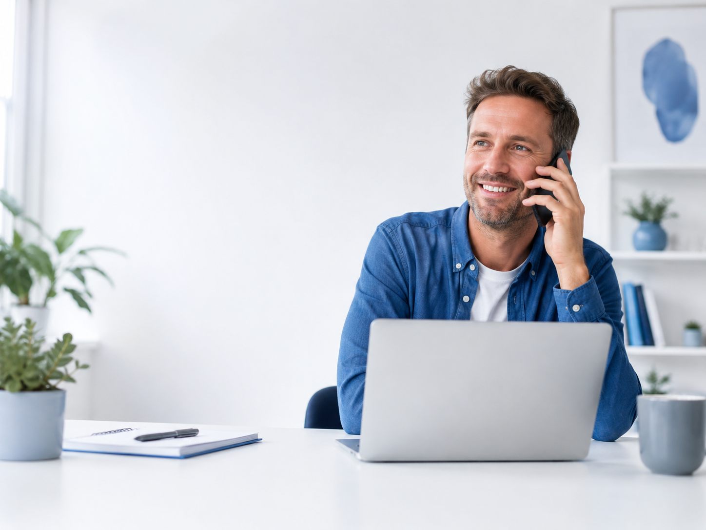 Business owner having a relaxed phone conversation beside a laptop
