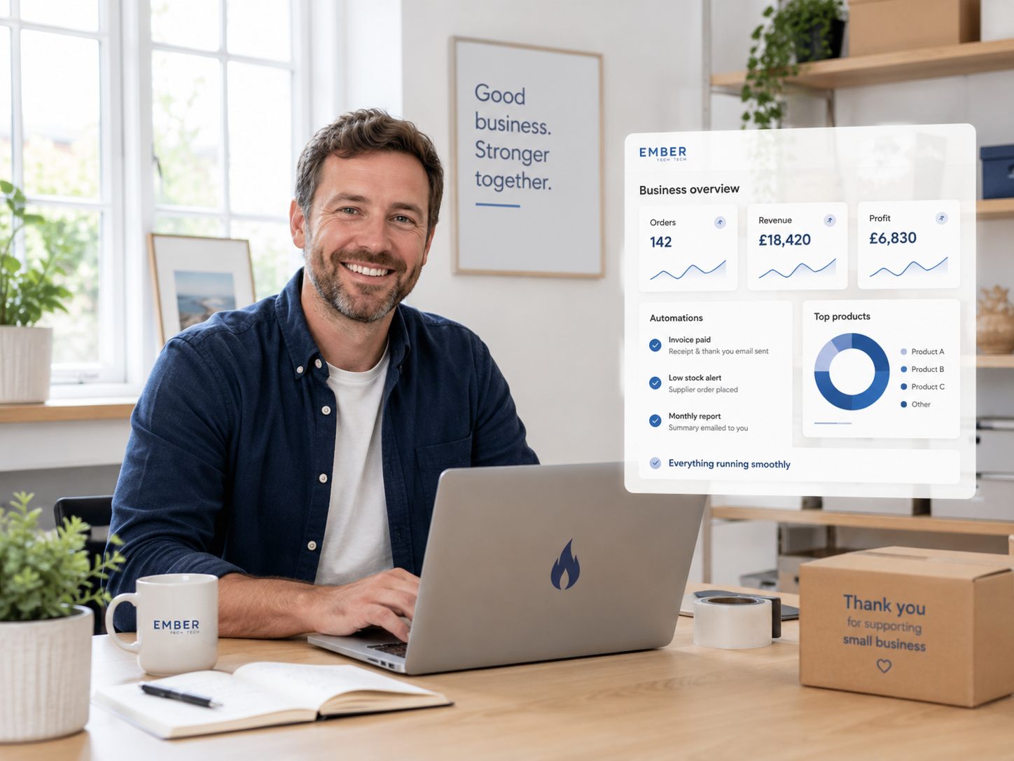 Small business owner in a bright workspace with subtle technology and reporting support