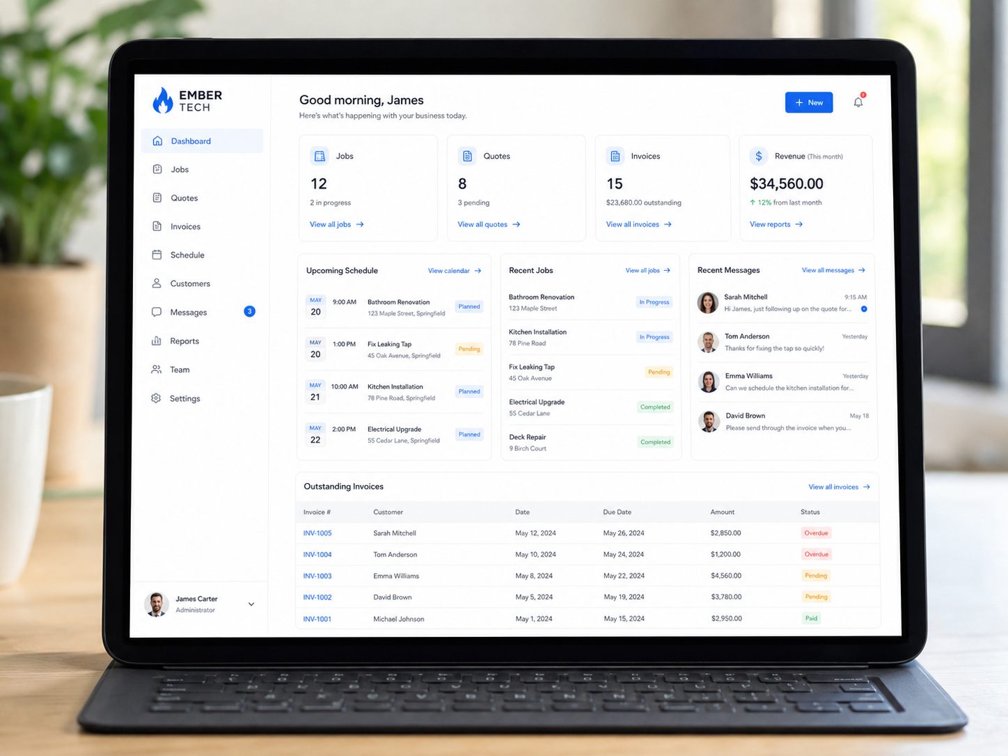Dashboard showing jobs, quotes, invoices, schedule and customer messages in one place