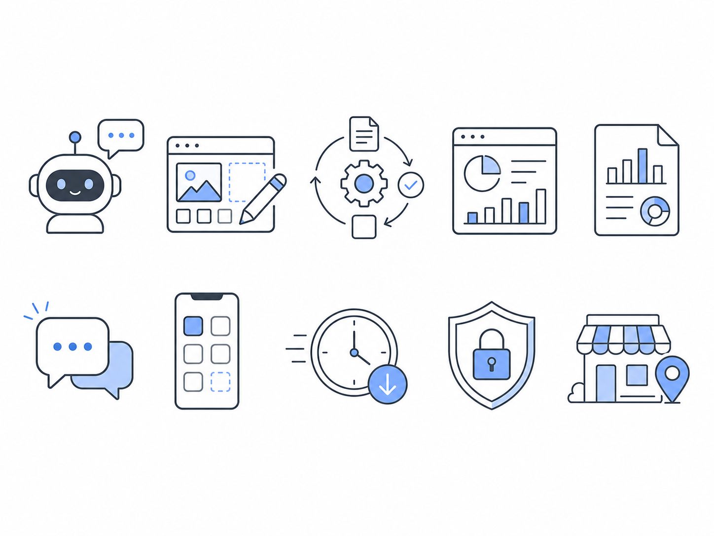Simple icons showing an AI assistant, website form, automation workflow, dashboard, mobile app, time saving, secure system and local shop