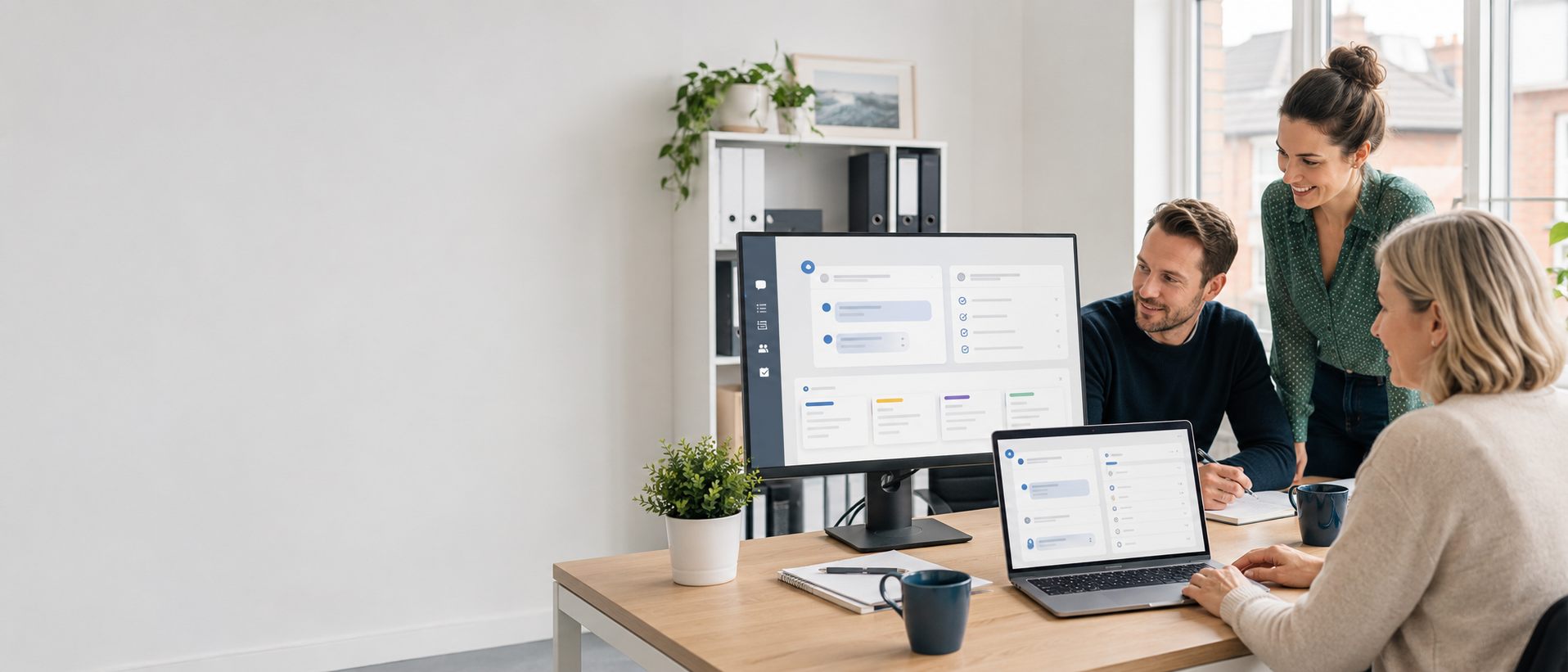 Small office team using an AI assistant to organise enquiries, replies and follow-up tasks
