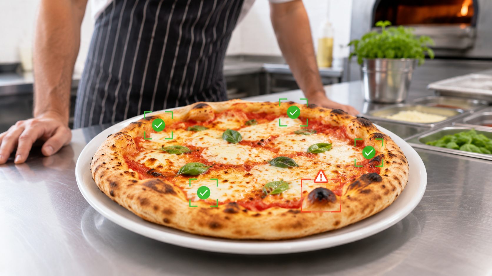 Close-up pizza quality check showing accepted areas and one area for staff review