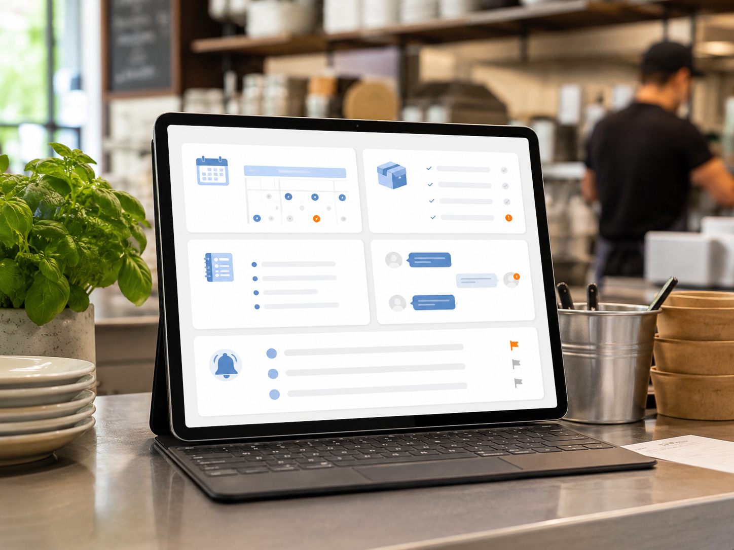 Tablet dashboard for restaurant bookings, stock checks, prep notes and customer follow-ups