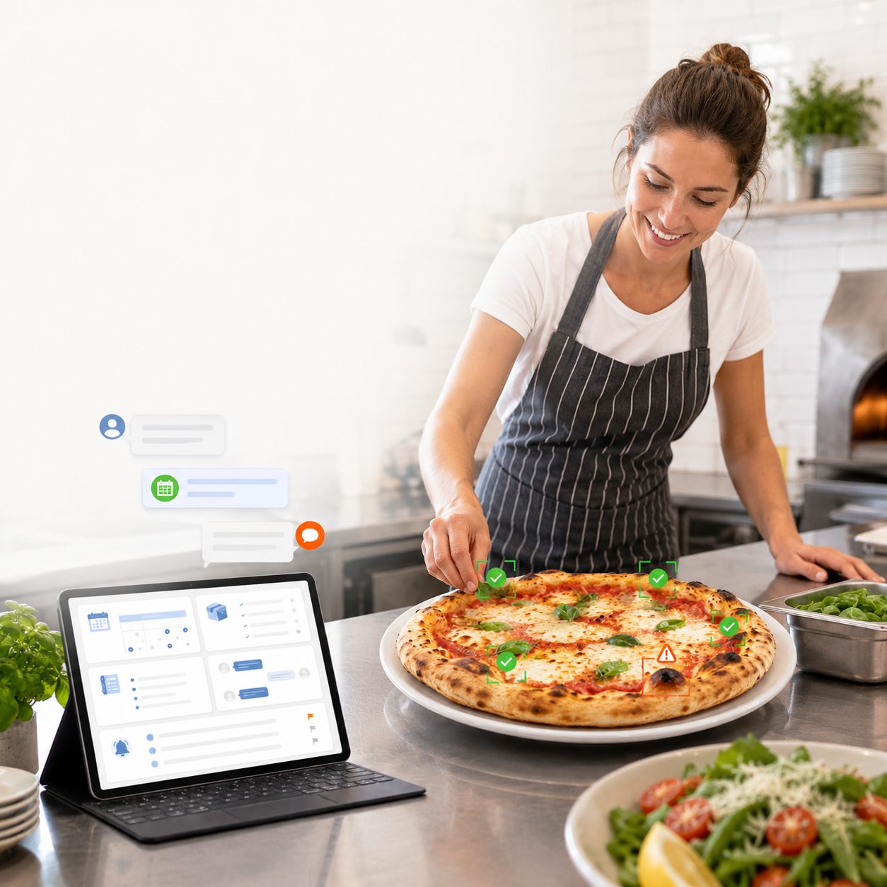 Restaurant team using vision AI and admin tools for portions, bookings and kitchen checks