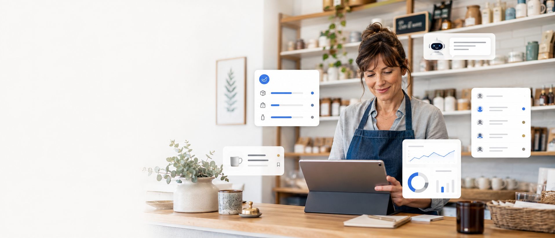 Independent shop owner using AI-supported stock, customer and sales tools on a tablet