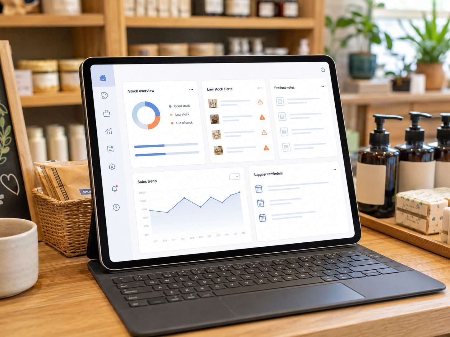 Simple stock dashboard showing stock overview, low-stock alerts, product notes and supplier reminders