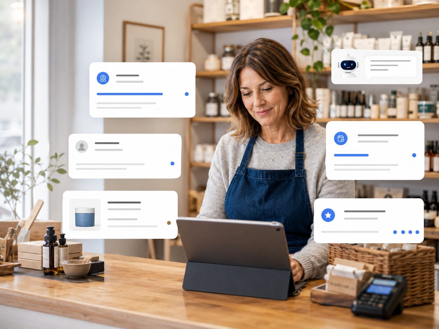 Shop owner using an AI assistant to organise customer enquiries, product requests and follow-ups