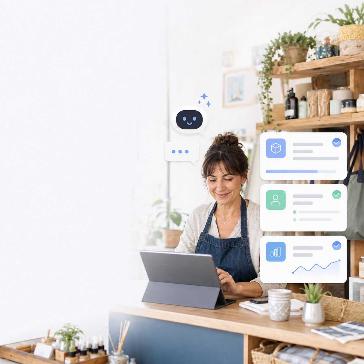 Independent retailer using customer, stock and sales tools in a small shop