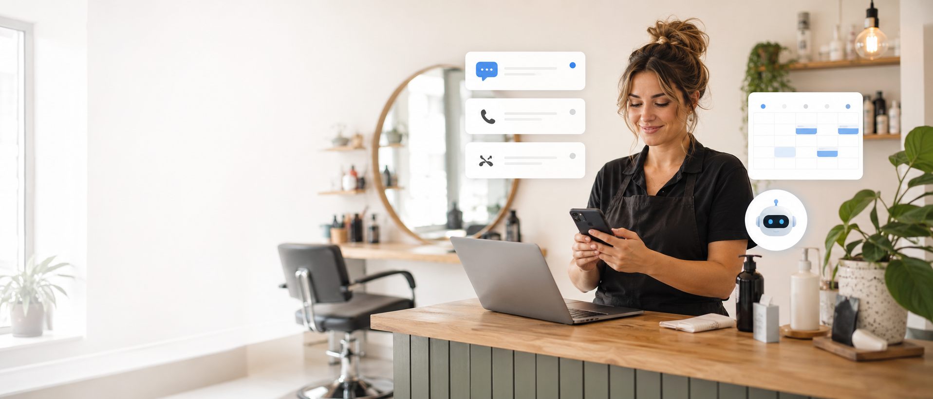 Salon owner using AI-supported booking messages and calendar tools at reception