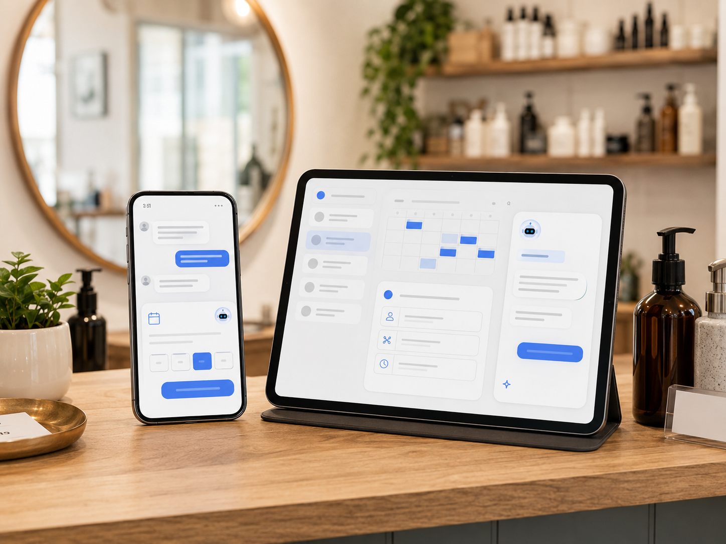 Phone and tablet showing message-based booking requests organised into calendar and appointment cards