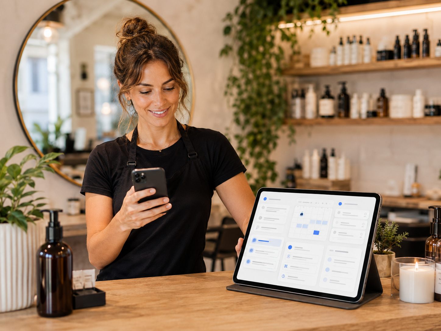 Salon staff member using a phone while a tablet organises booking notes and reminders