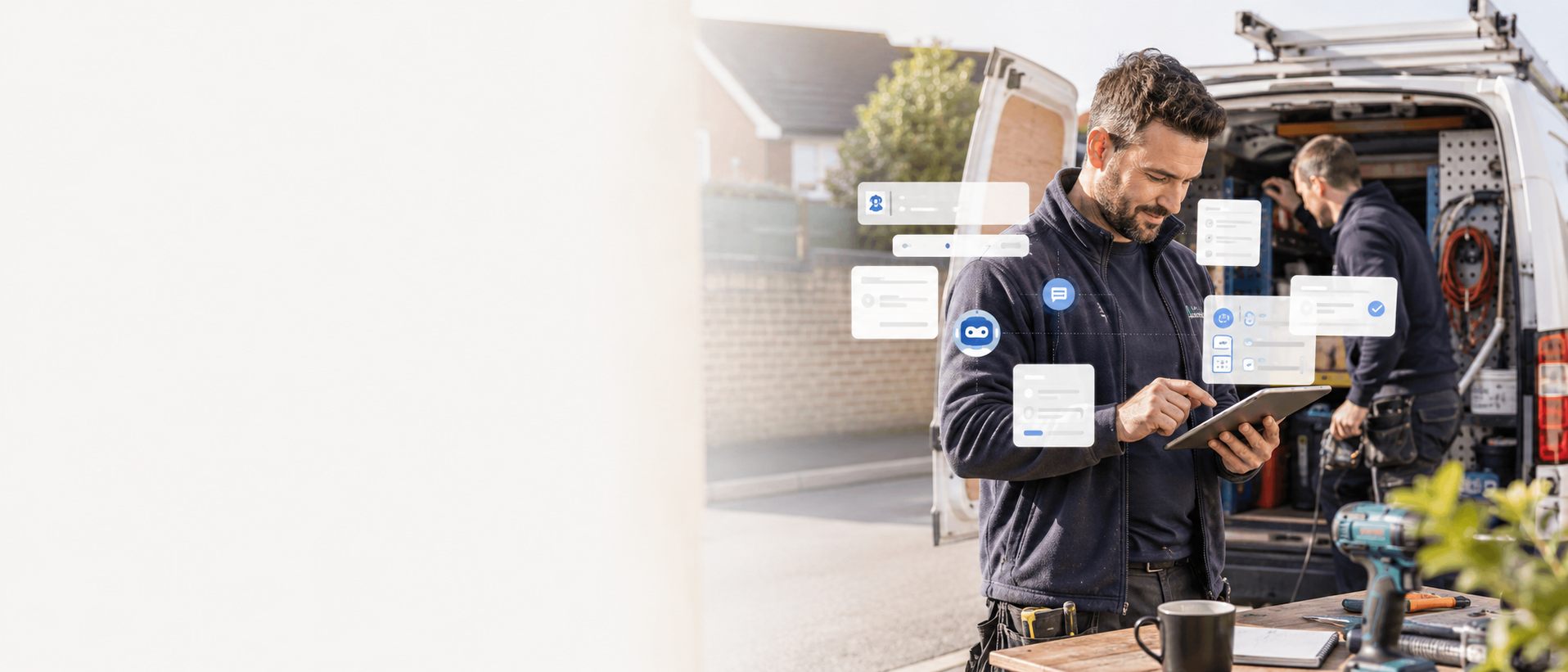 Tradesperson using a tablet beside a work van with AI assistant cards for job admin