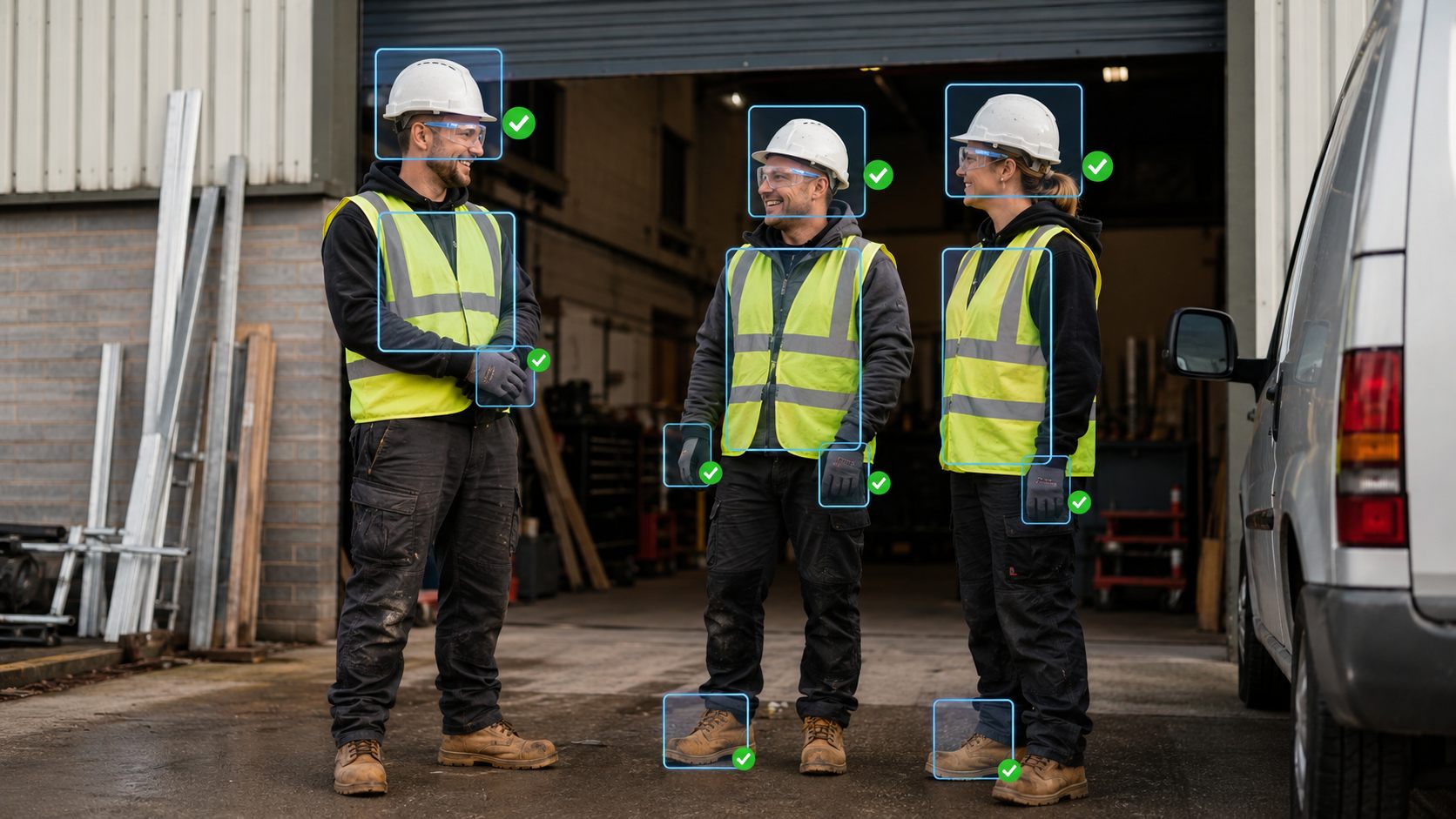 Small trade team with supportive AI markers checking hard hats, high-vis vests, gloves and boots