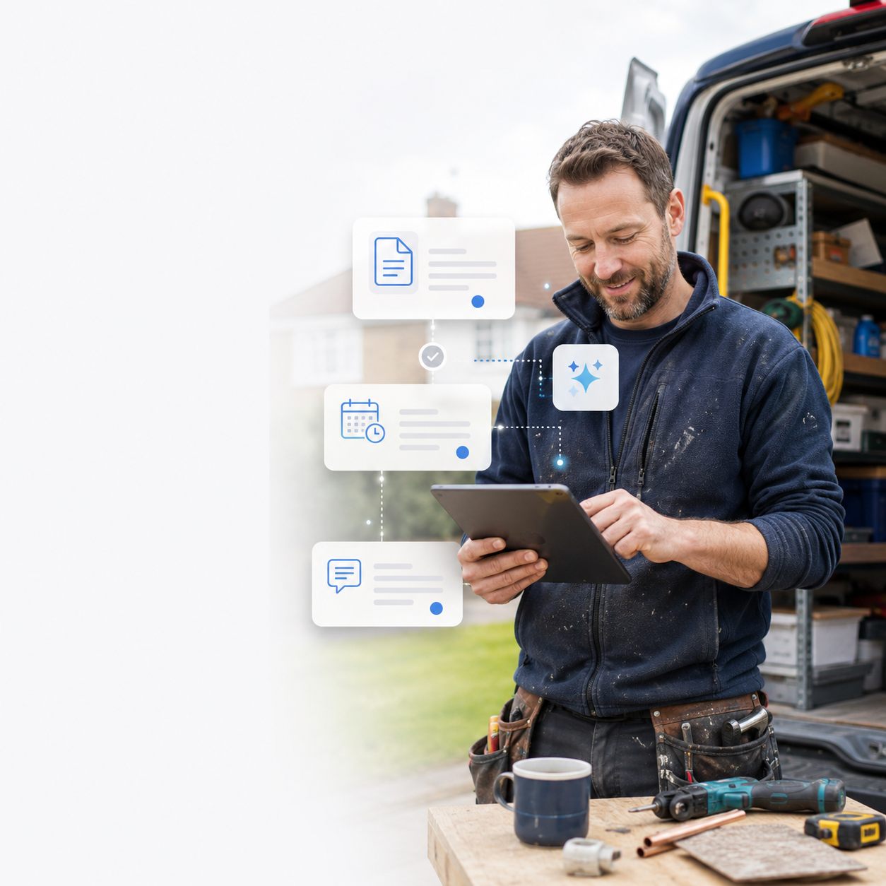 Tradesperson using simple AI tools for job photos, invoices and site admin