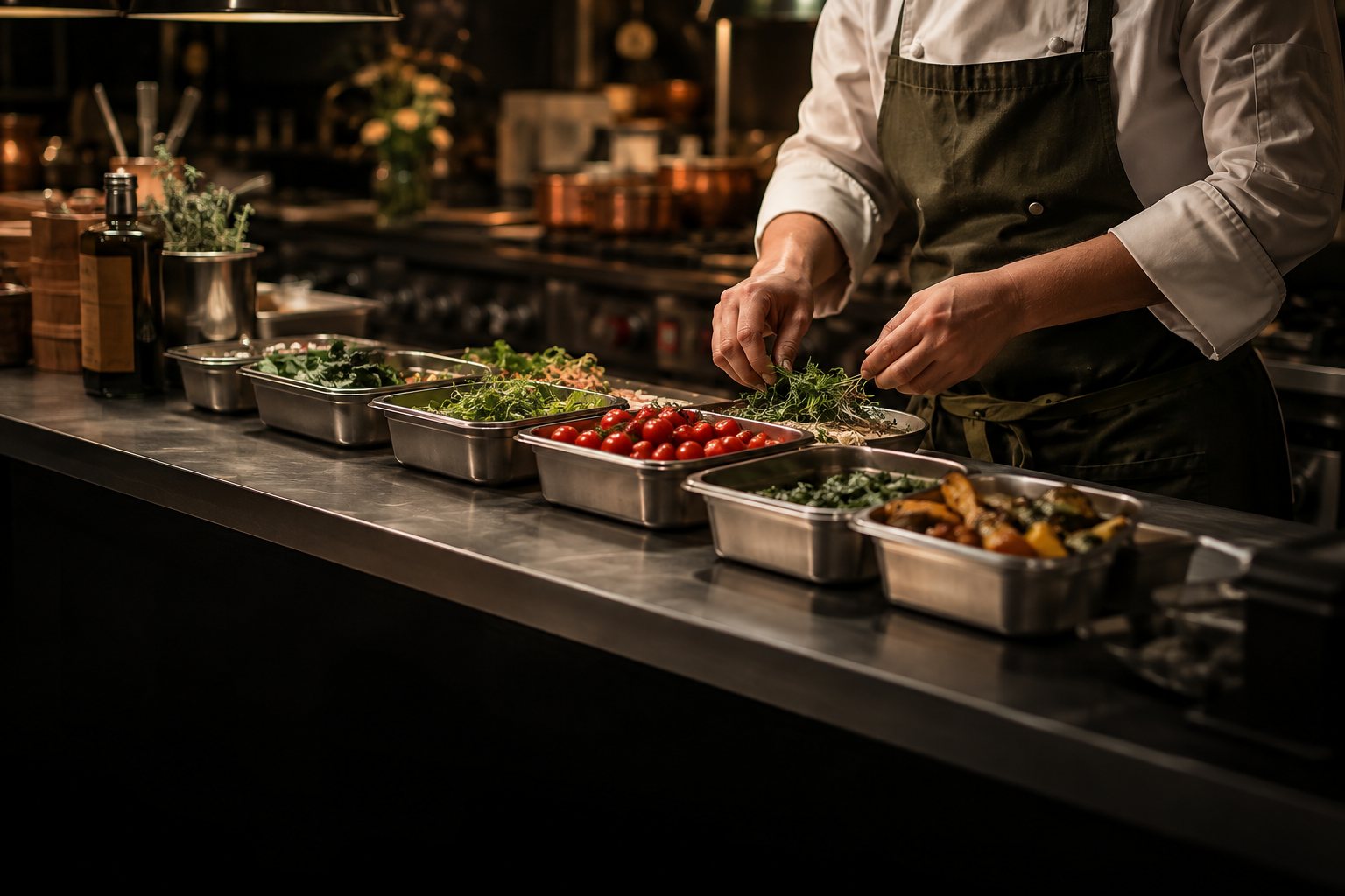 Fresh ingredients organised on a professional kitchen prep counter