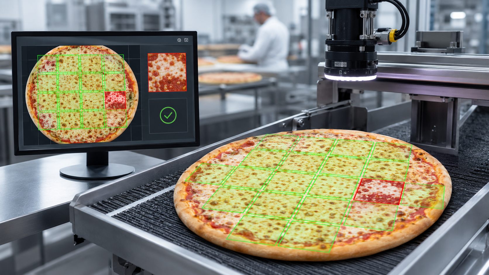 Vision AI checking pizza topping coverage and portion consistency on a production line
