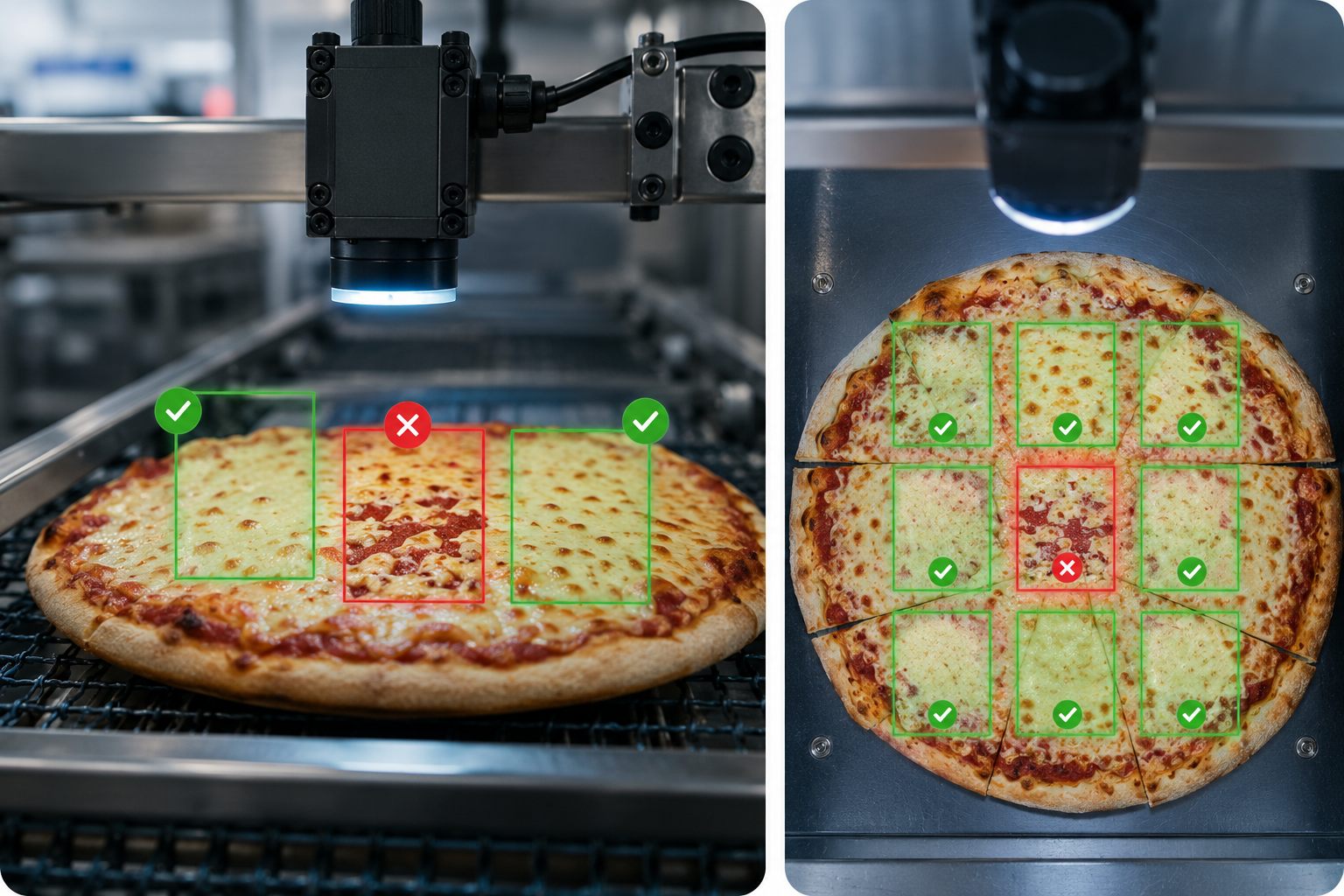 Close-up pizza inspection showing accepted portions and one area needing a human check